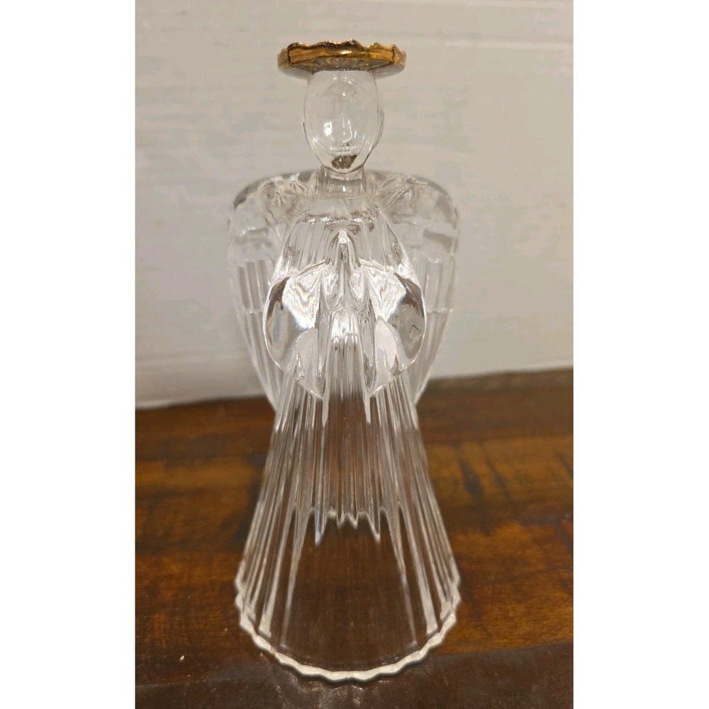 Vintage Lead Crystal Praying Angel Figurine Taper Candle Holder Gold Halo 7"